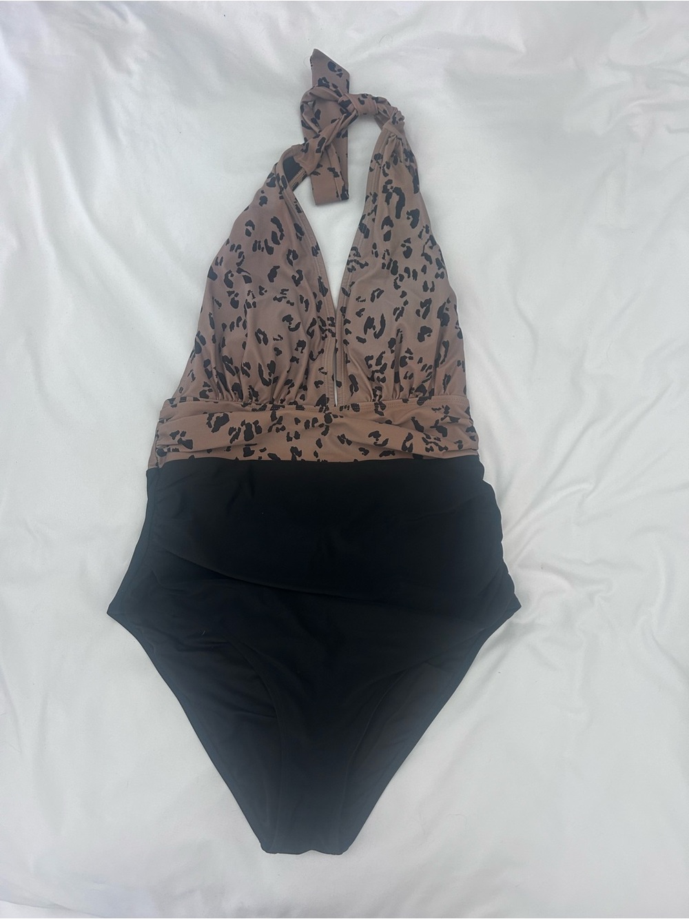 Leopard Print Halter One-Piece Swimsuit in Brown and Black